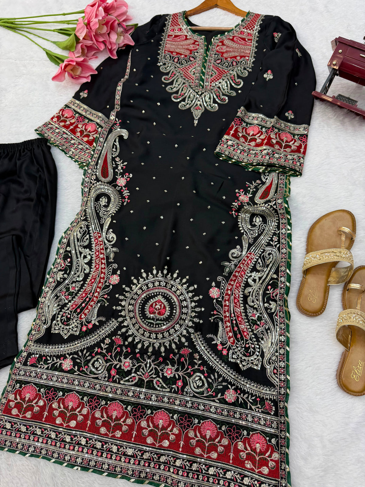 Kashmiri Style Biscuit Slub Kaftan Set with Thread & Sequin Embroidery