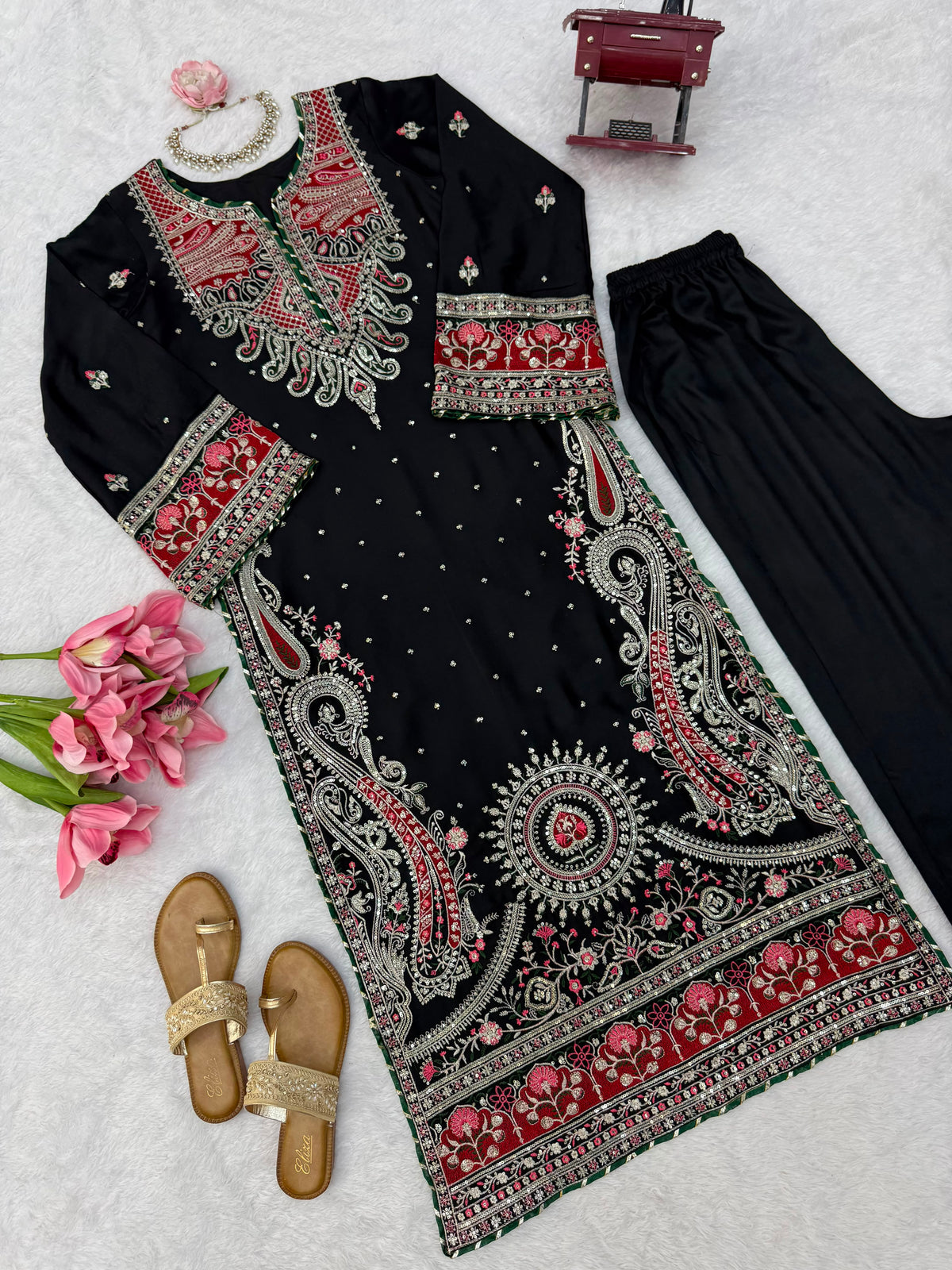 Kashmiri Style Biscuit Slub Kaftan Set with Thread & Sequin Embroidery