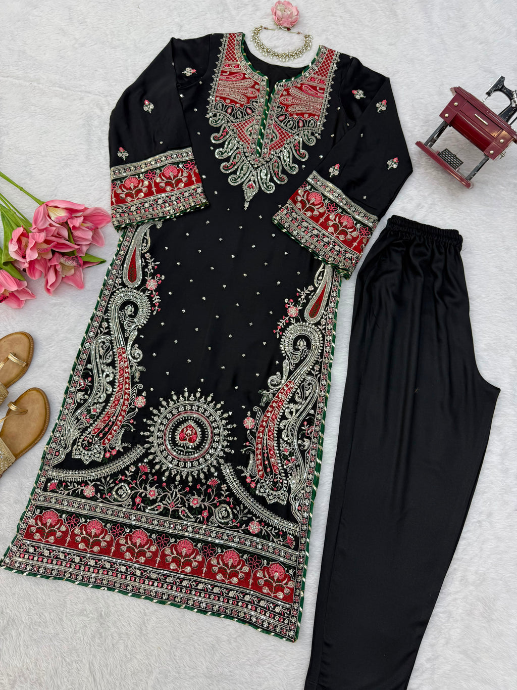 Kashmiri Style Biscuit Slub Kaftan Set with Thread & Sequin Embroidery