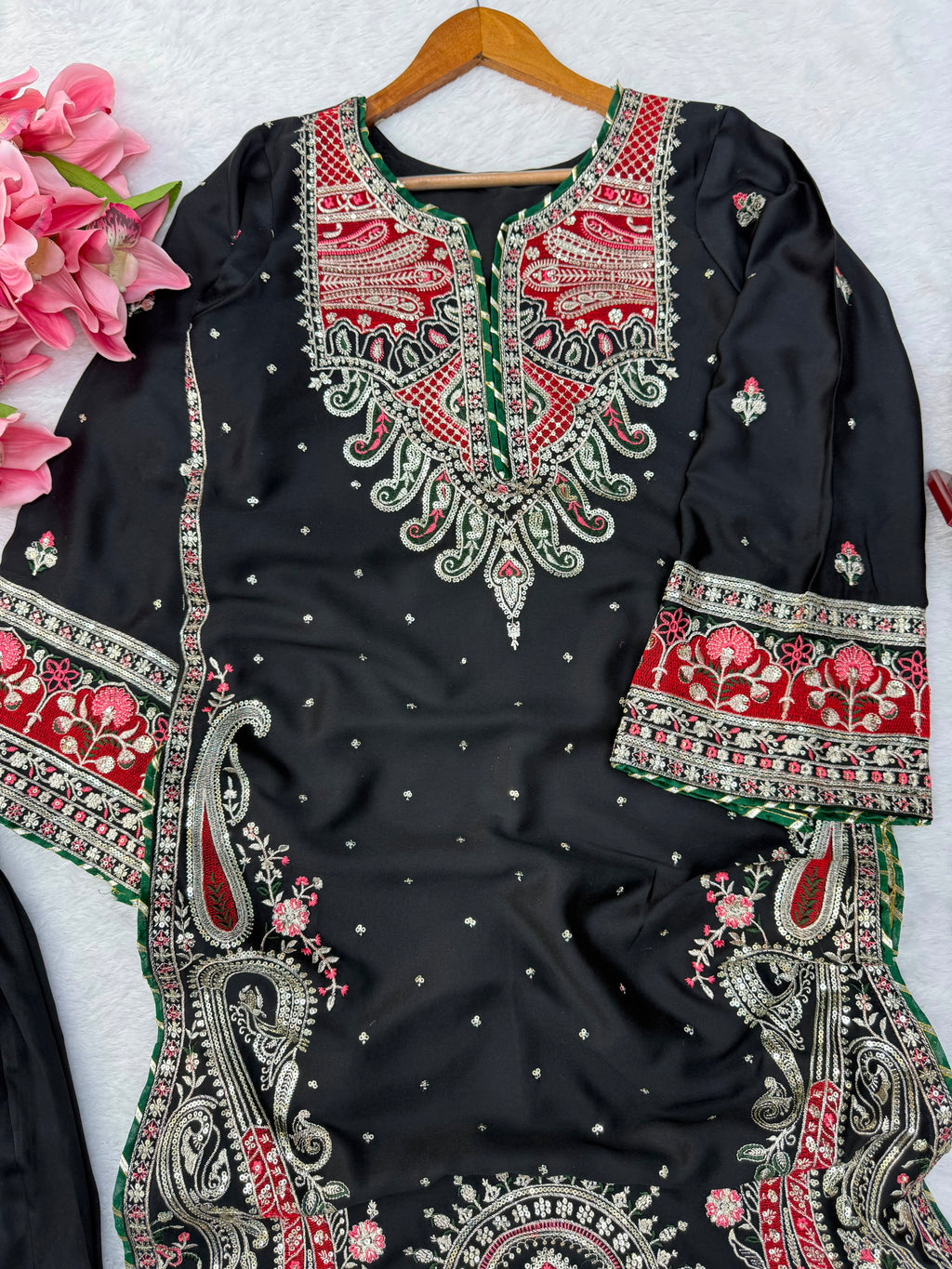 Kashmiri Style Biscuit Slub Kaftan Set with Thread & Sequin Embroidery