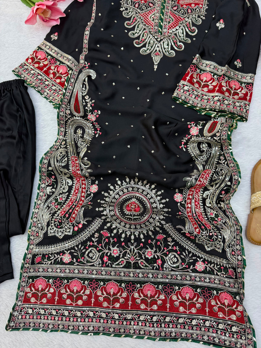 Kashmiri Style Biscuit Slub Kaftan Set with Thread & Sequin Embroidery