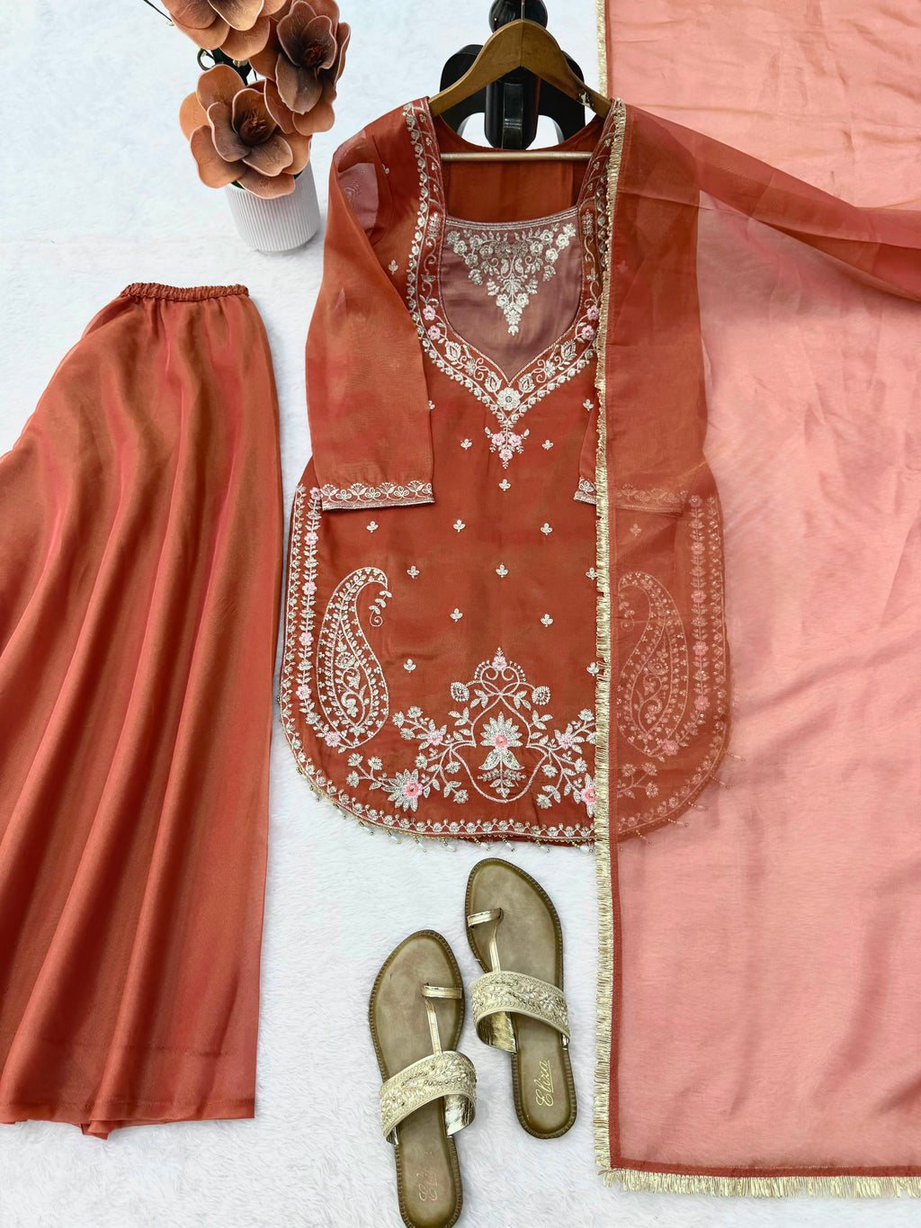 Shimmer 3-Piece Suit with Thread & Sequin Work and Lace Border Dupatta