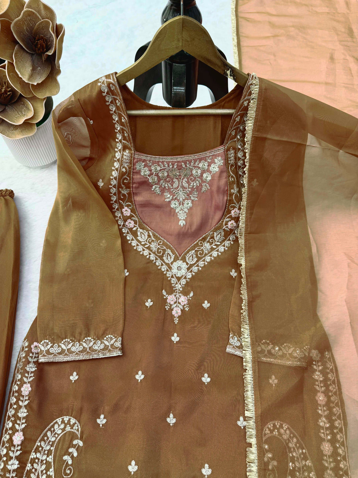 Shimmer 3-Piece Suit with Thread & Sequin Work and Lace Border Dupatta