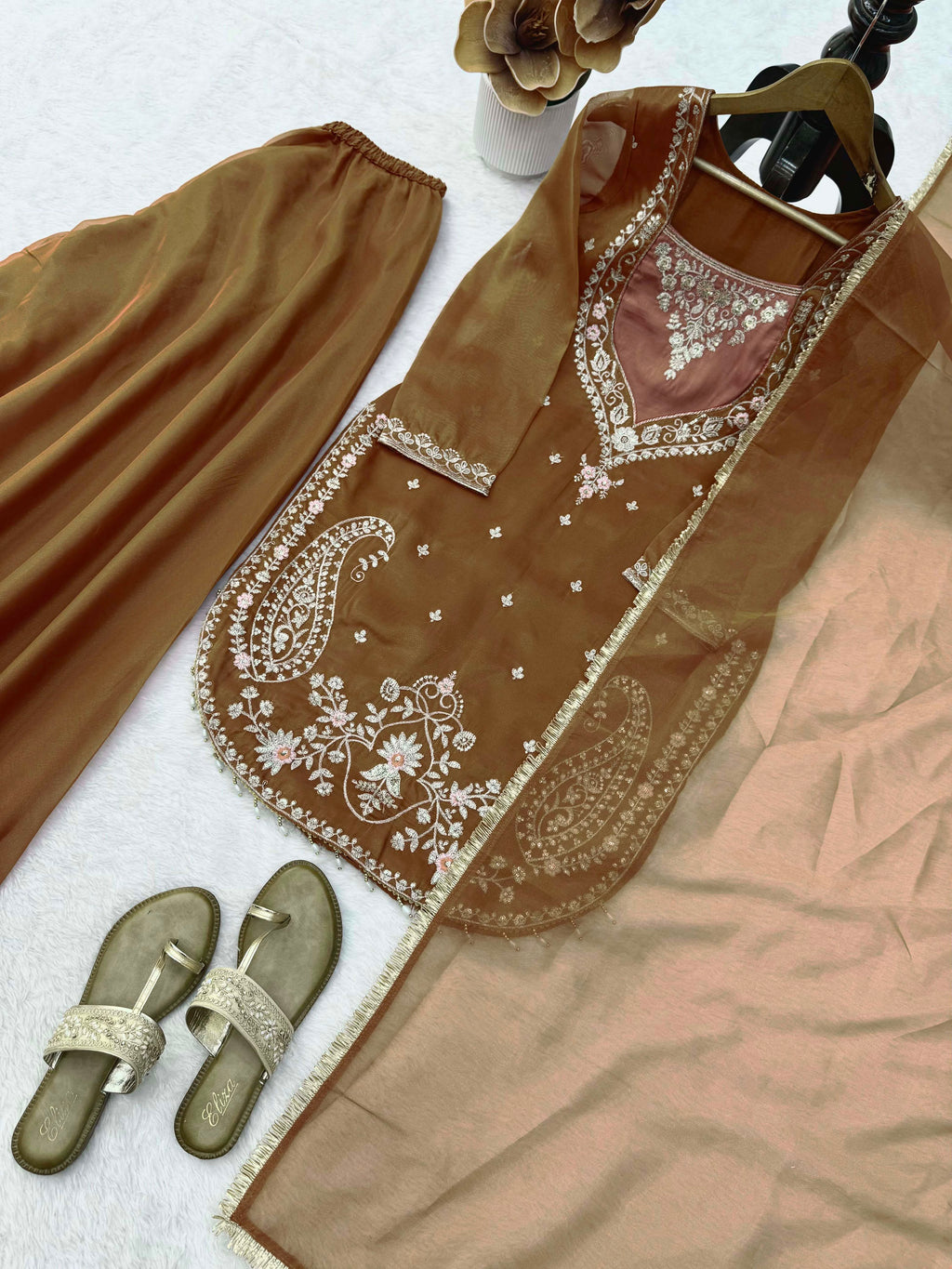 Shimmer 3-Piece Suit with Thread & Sequin Work and Lace Border Dupatta