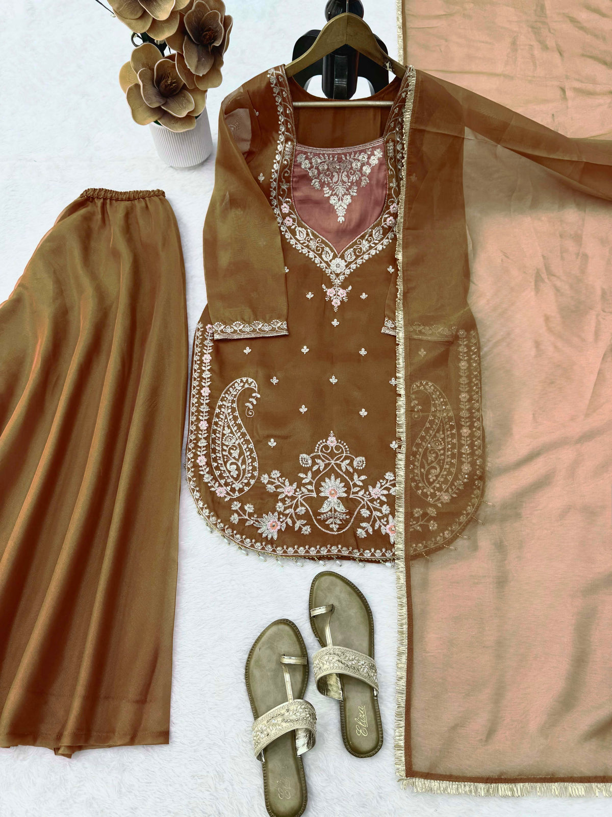 Shimmer 3-Piece Suit with Thread & Sequin Work and Lace Border Dupatta