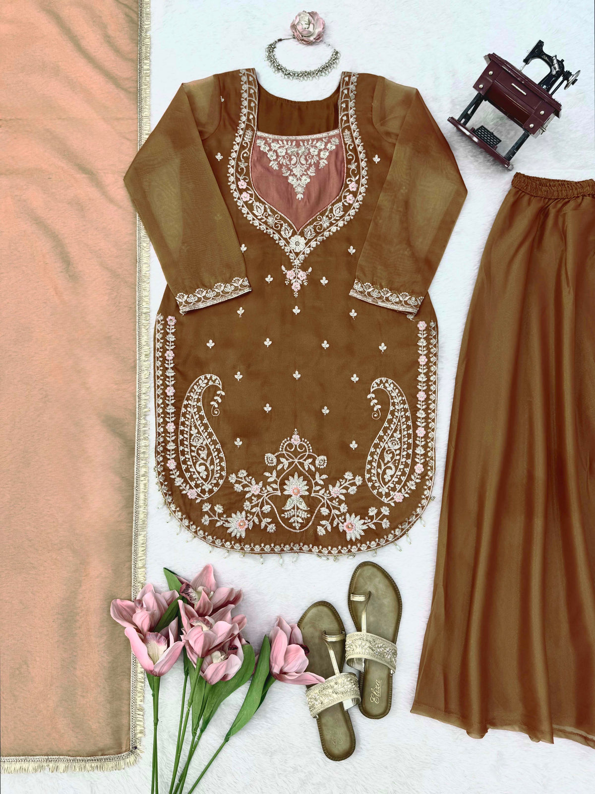Shimmer 3-Piece Suit with Thread & Sequin Work and Lace Border Dupatta