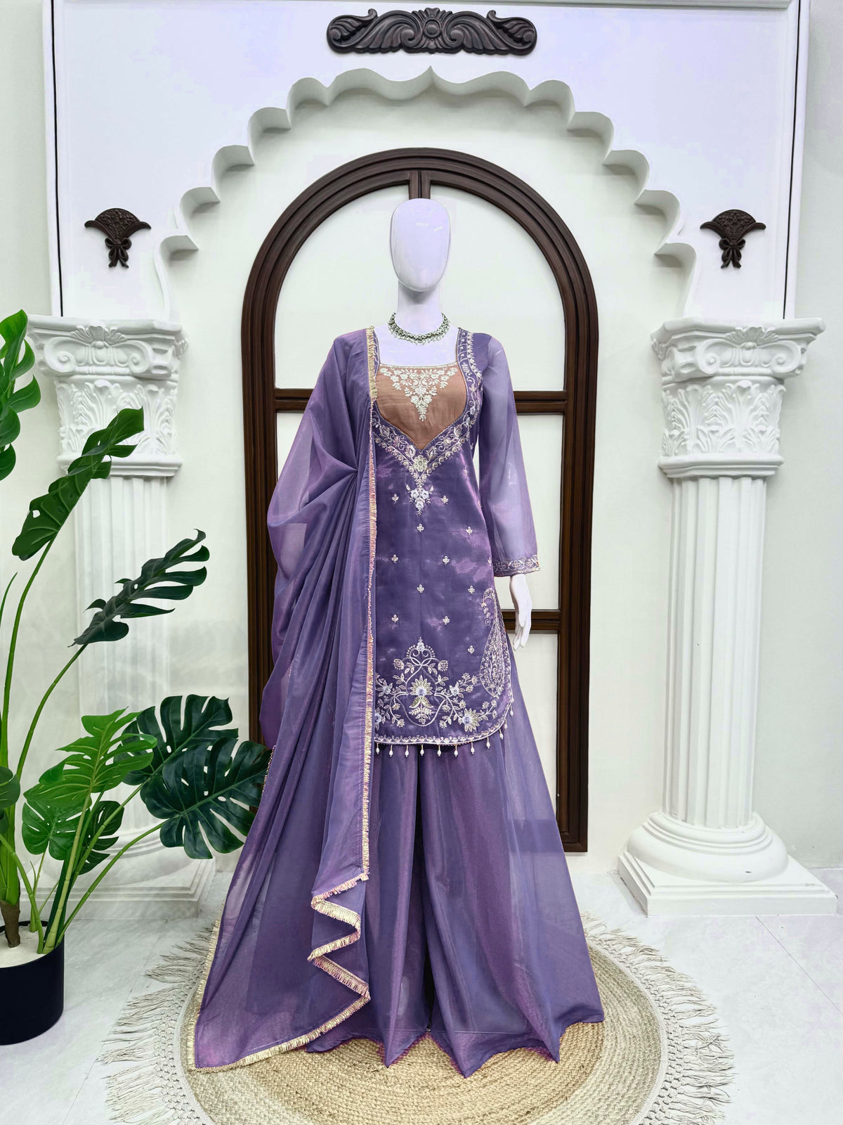 Shimmer 3-Piece Suit with Thread & Sequin Work and Lace Border Dupatta