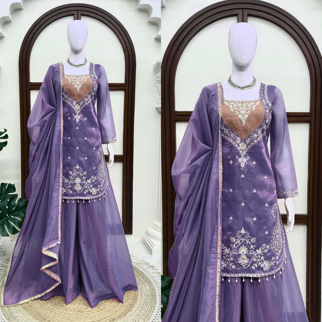 Shimmer 3-Piece Suit with Thread & Sequin Work and Lace Border Dupatta