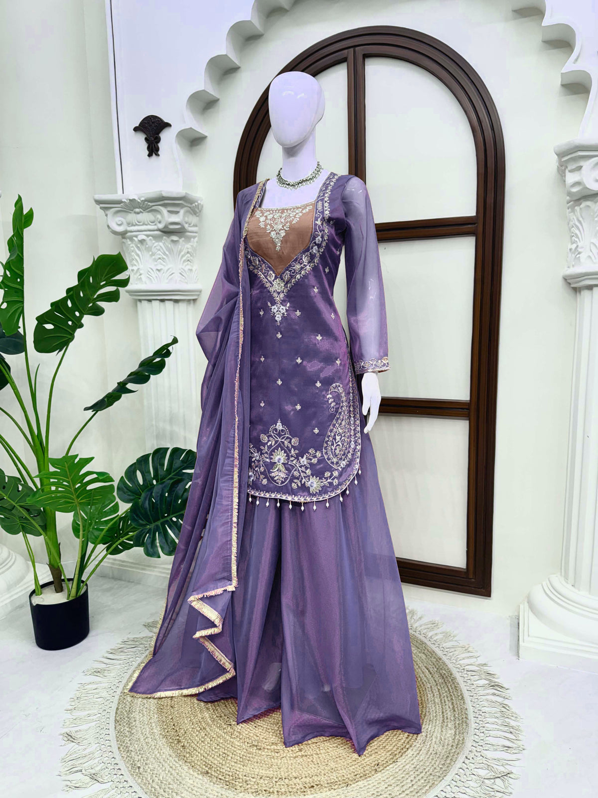 Shimmer 3-Piece Suit with Thread & Sequin Work and Lace Border Dupatta