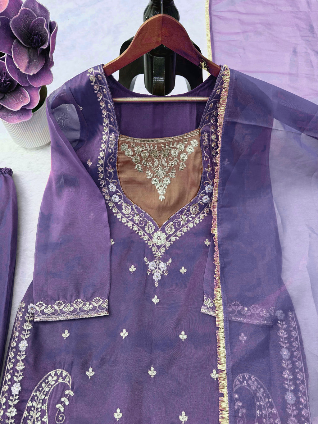 Shimmer 3-Piece Suit with Thread & Sequin Work and Lace Border Dupatta