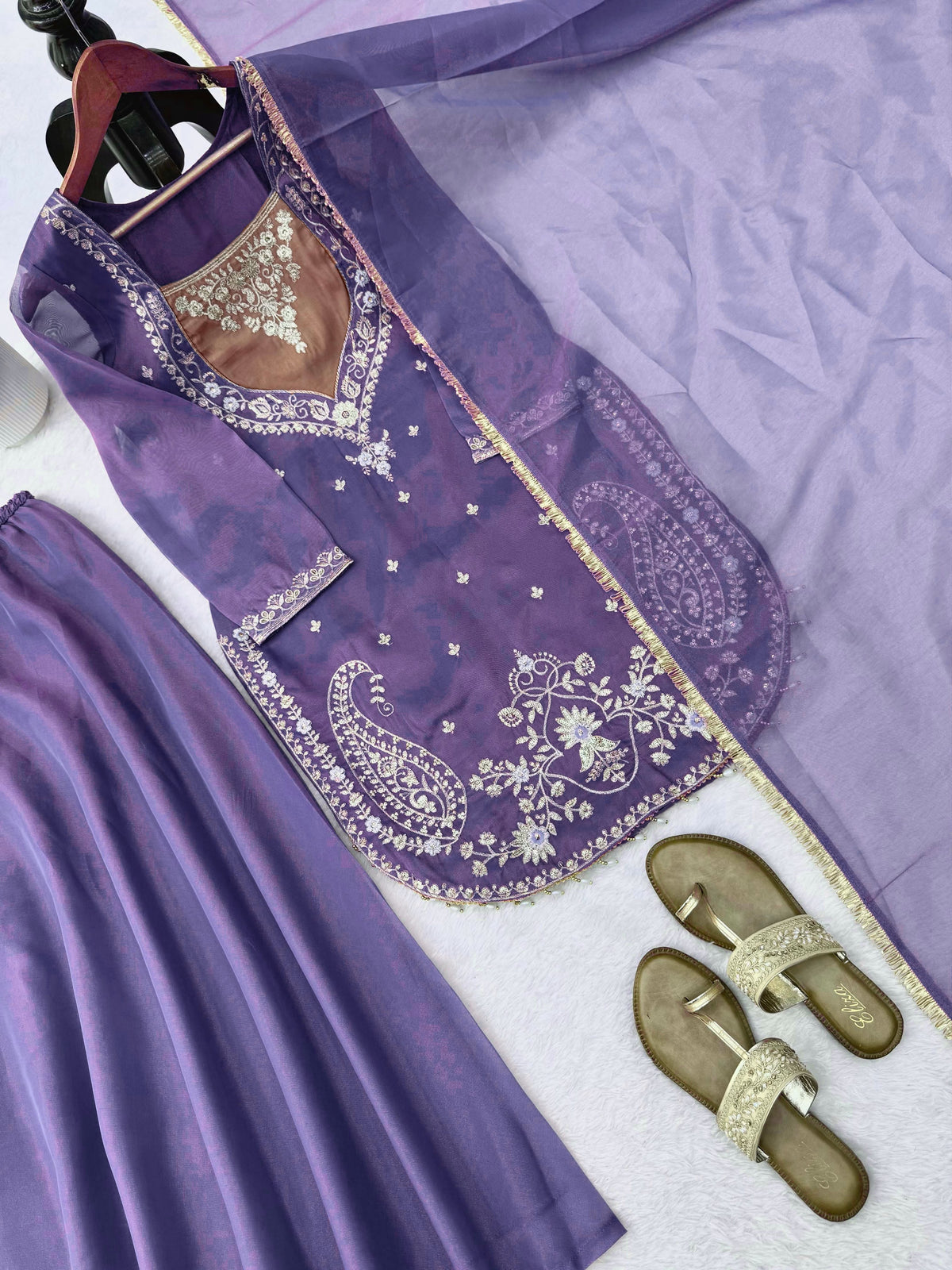 Shimmer 3-Piece Suit with Thread & Sequin Work and Lace Border Dupatta