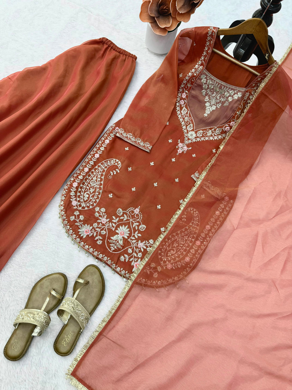Shimmer 3-Piece Suit with Thread & Sequin Work and Lace Border Dupatta