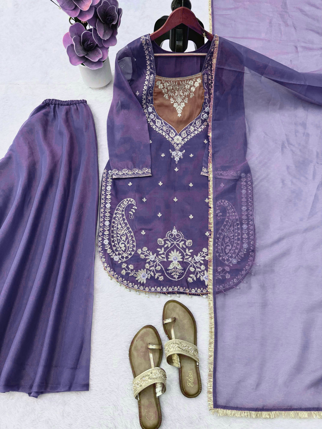 Shimmer 3-Piece Suit with Thread & Sequin Work and Lace Border Dupatta