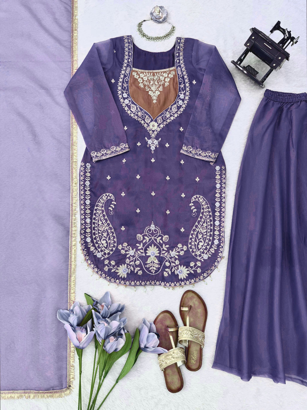 Shimmer 3-Piece Suit with Thread & Sequin Work and Lace Border Dupatta