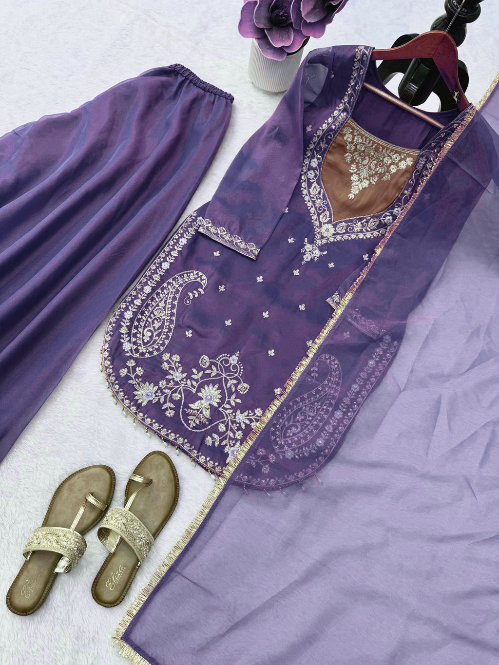 Shimmer 3-Piece Suit with Thread & Sequin Work and Lace Border Dupatta