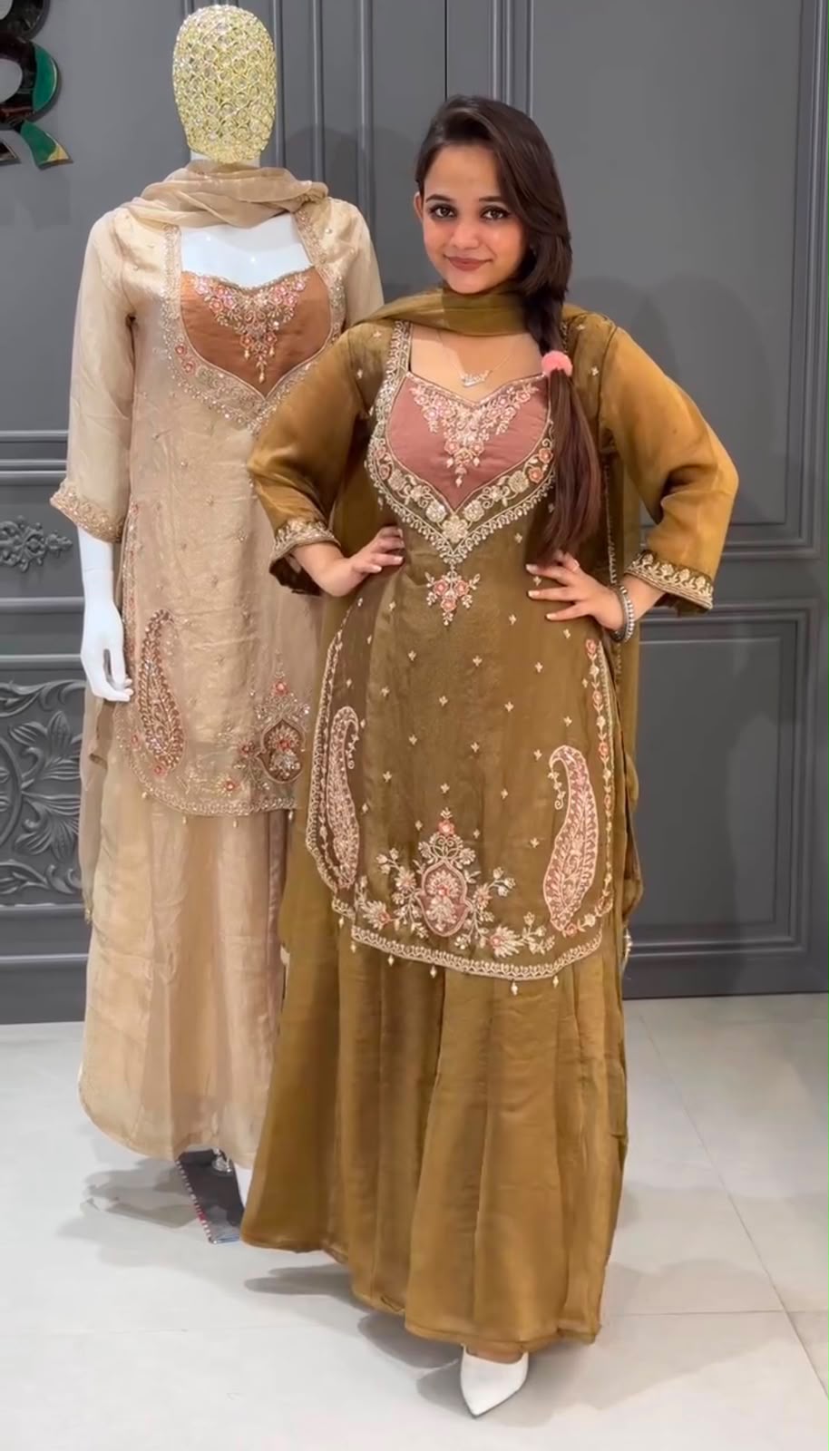 Shimmer 3-Piece Suit with Thread & Sequin Work and Lace Border Dupatta