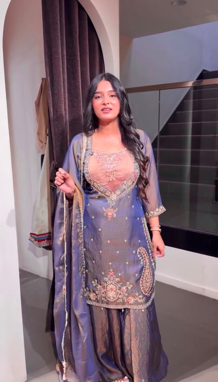Shimmer 3-Piece Suit with Thread & Sequin Work and Lace Border Dupatta