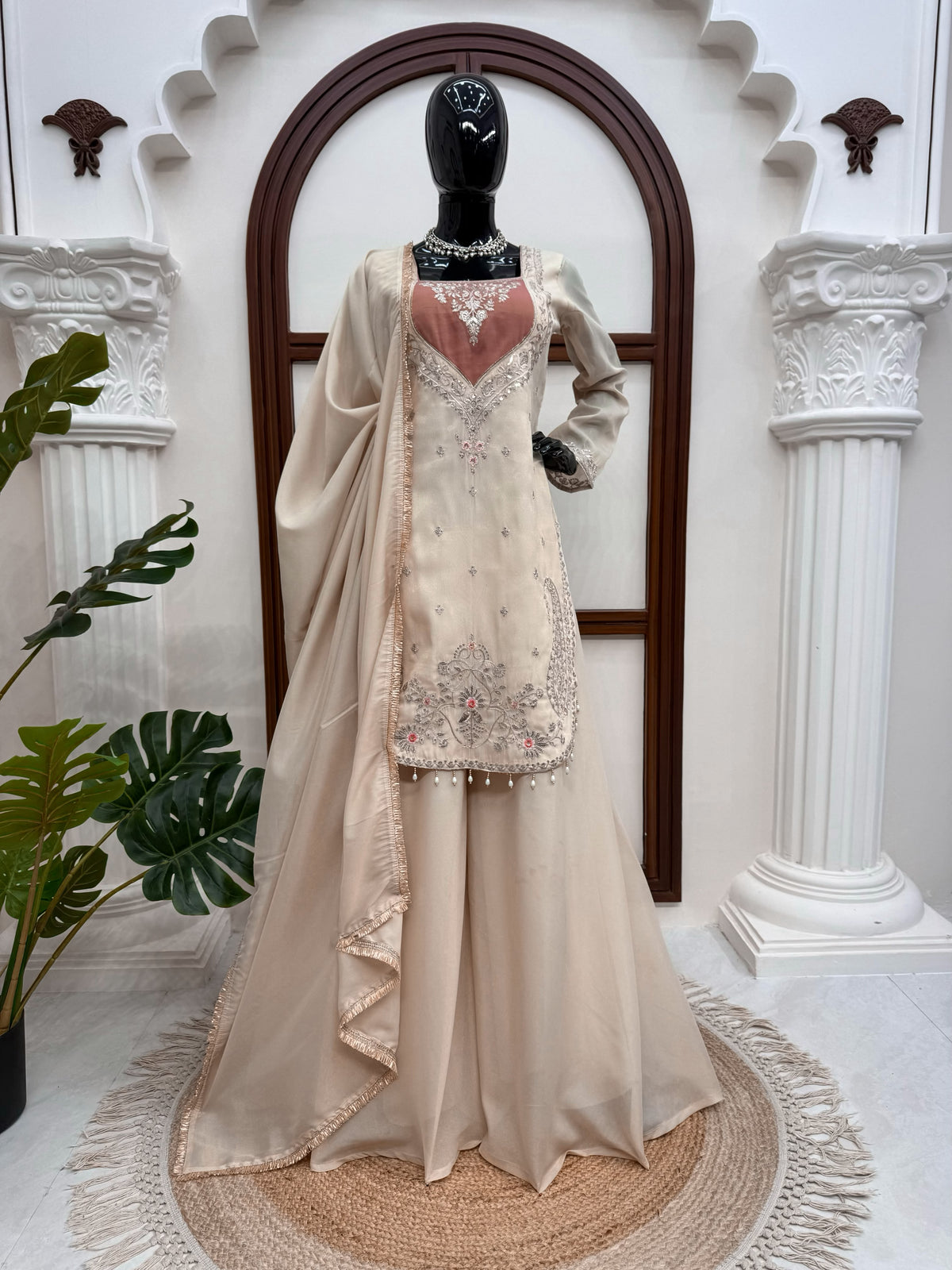 Shimmer 3-Piece Suit with Thread & Sequin Work and Lace Border Dupatta