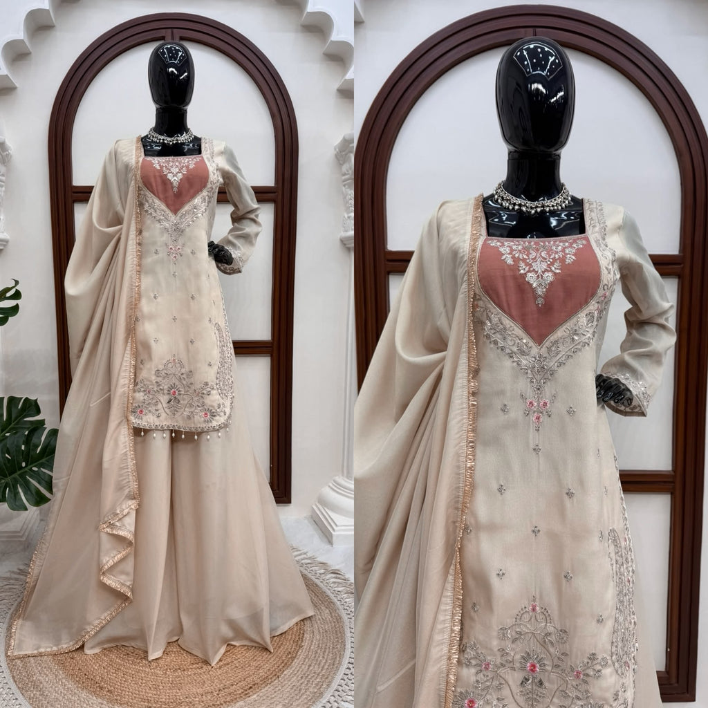 Shimmer 3-Piece Suit with Thread & Sequin Work and Lace Border Dupatta