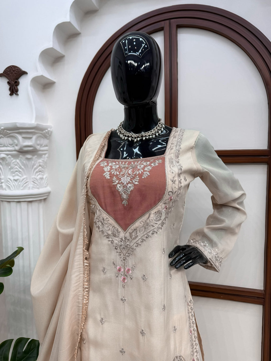 Shimmer 3-Piece Suit with Thread & Sequin Work and Lace Border Dupatta