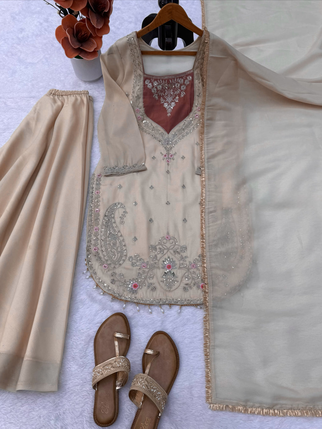 Shimmer 3-Piece Suit with Thread & Sequin Work and Lace Border Dupatta