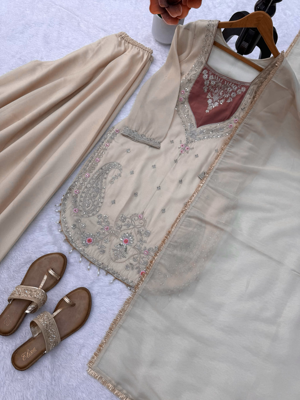 Shimmer 3-Piece Suit with Thread & Sequin Work and Lace Border Dupatta