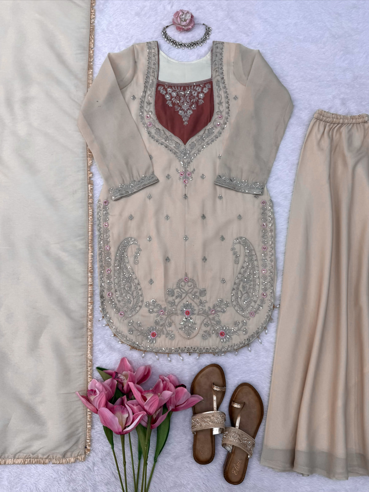 Shimmer 3-Piece Suit with Thread & Sequin Work and Lace Border Dupatta