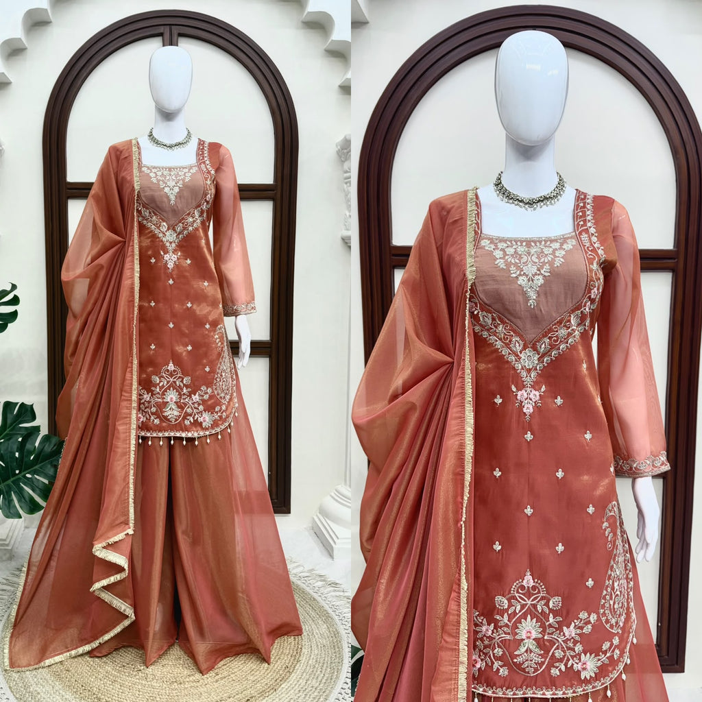 Shimmer 3-Piece Suit with Thread & Sequin Work and Lace Border Dupatta