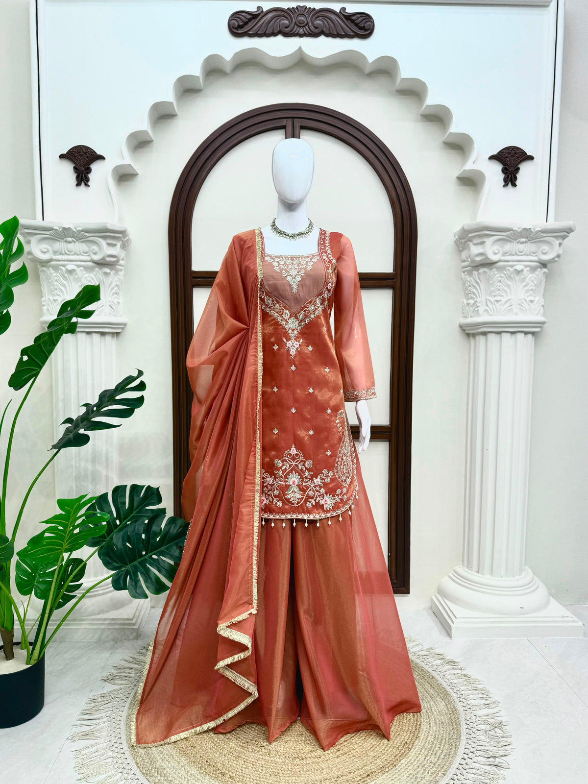 Shimmer 3-Piece Suit with Thread & Sequin Work and Lace Border Dupatta