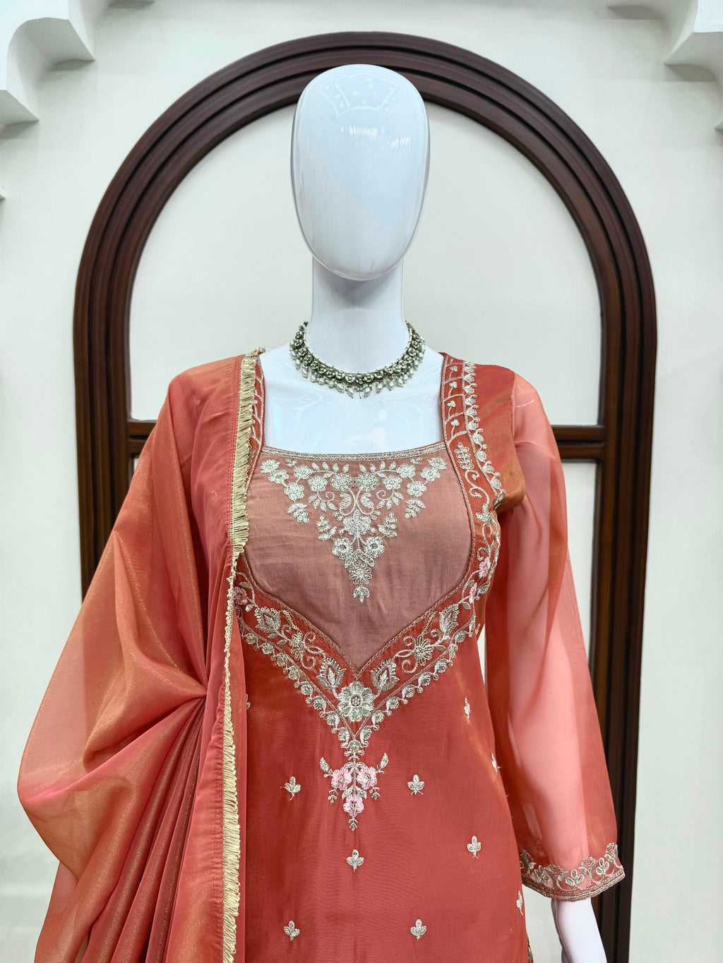 Shimmer 3-Piece Suit with Thread & Sequin Work and Lace Border Dupatta