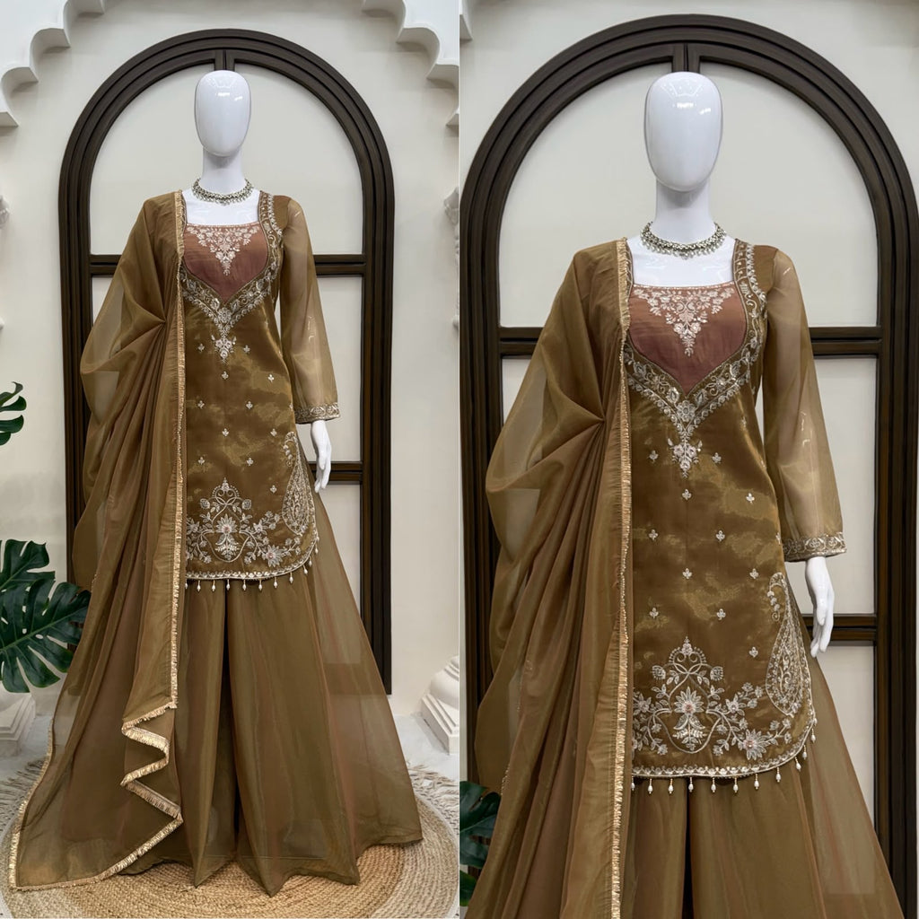 Shimmer 3-Piece Suit with Thread & Sequin Work and Lace Border Dupatta