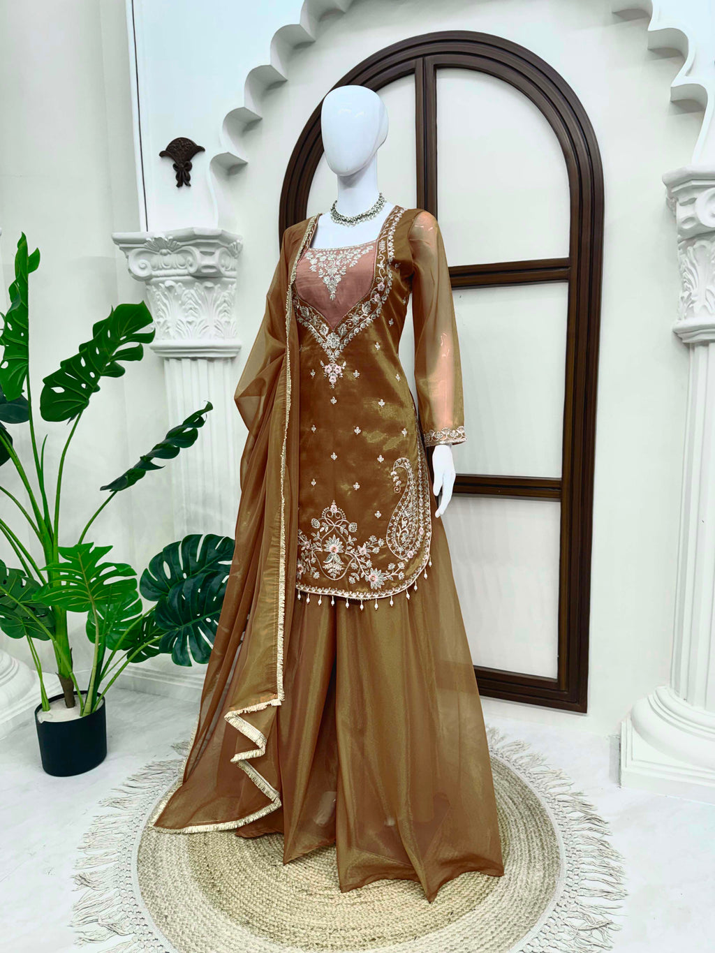 Shimmer 3-Piece Suit with Thread & Sequin Work and Lace Border Dupatta