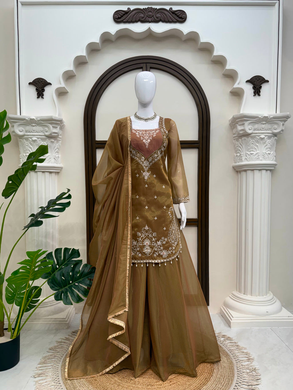 Shimmer 3-Piece Suit with Thread & Sequin Work and Lace Border Dupatta