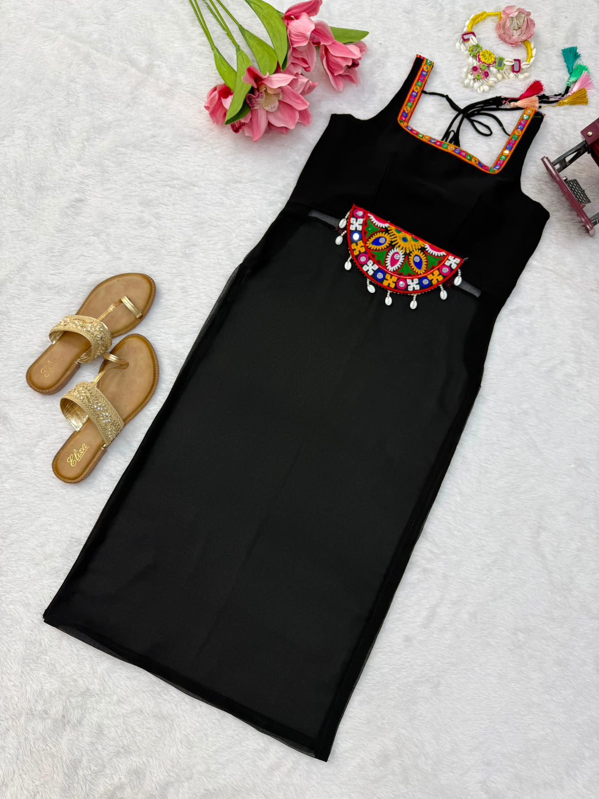 Georgette Navratri One-Piece Top with Thread Kamthi Work, Lace & Latkan