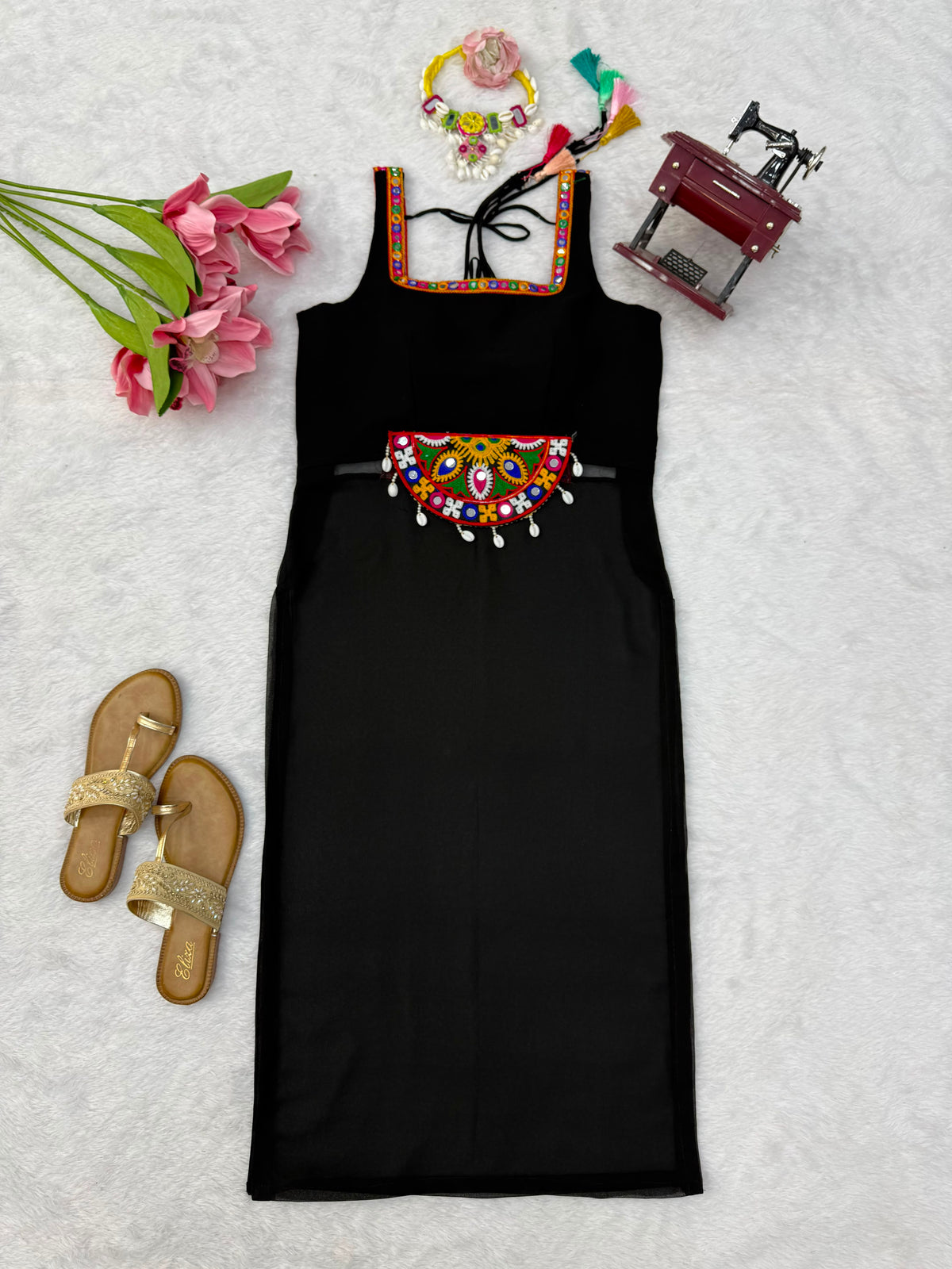 Georgette Navratri One-Piece Top with Thread Kamthi Work, Lace & Latkan