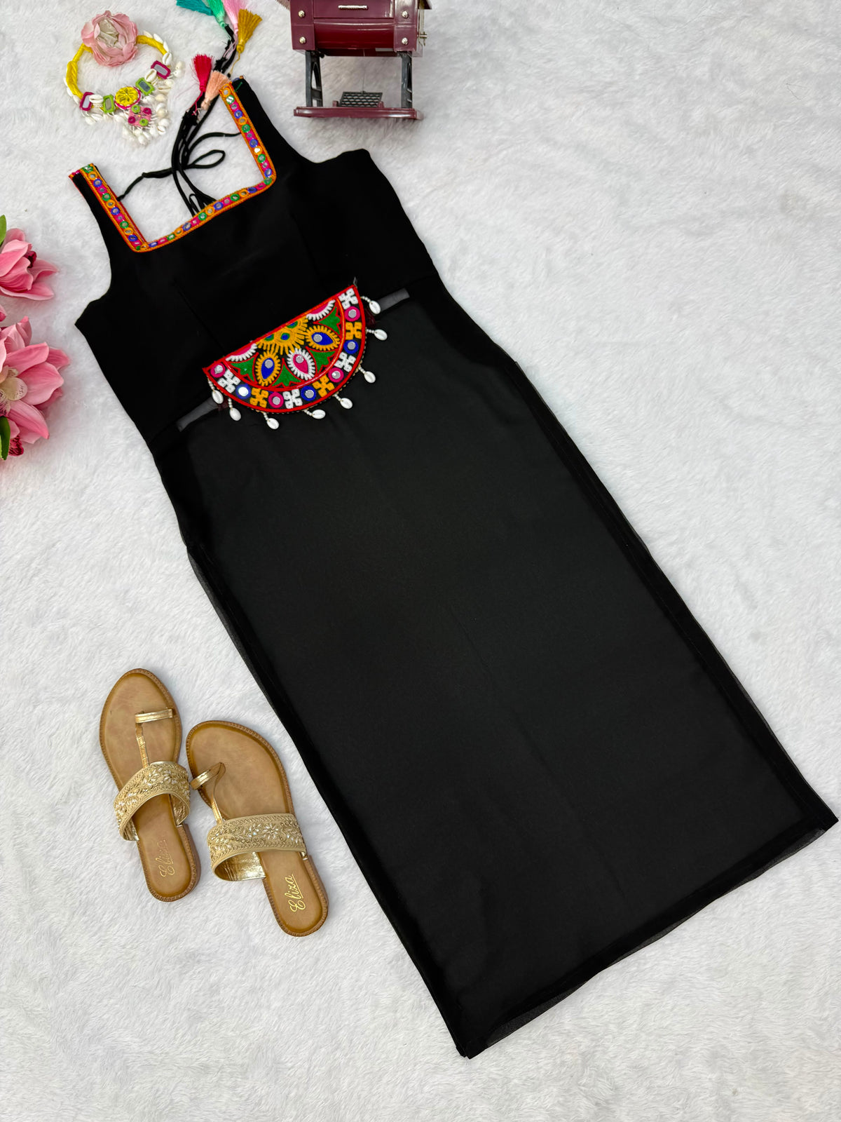 Georgette Navratri One-Piece Top with Thread Kamthi Work, Lace & Latkan