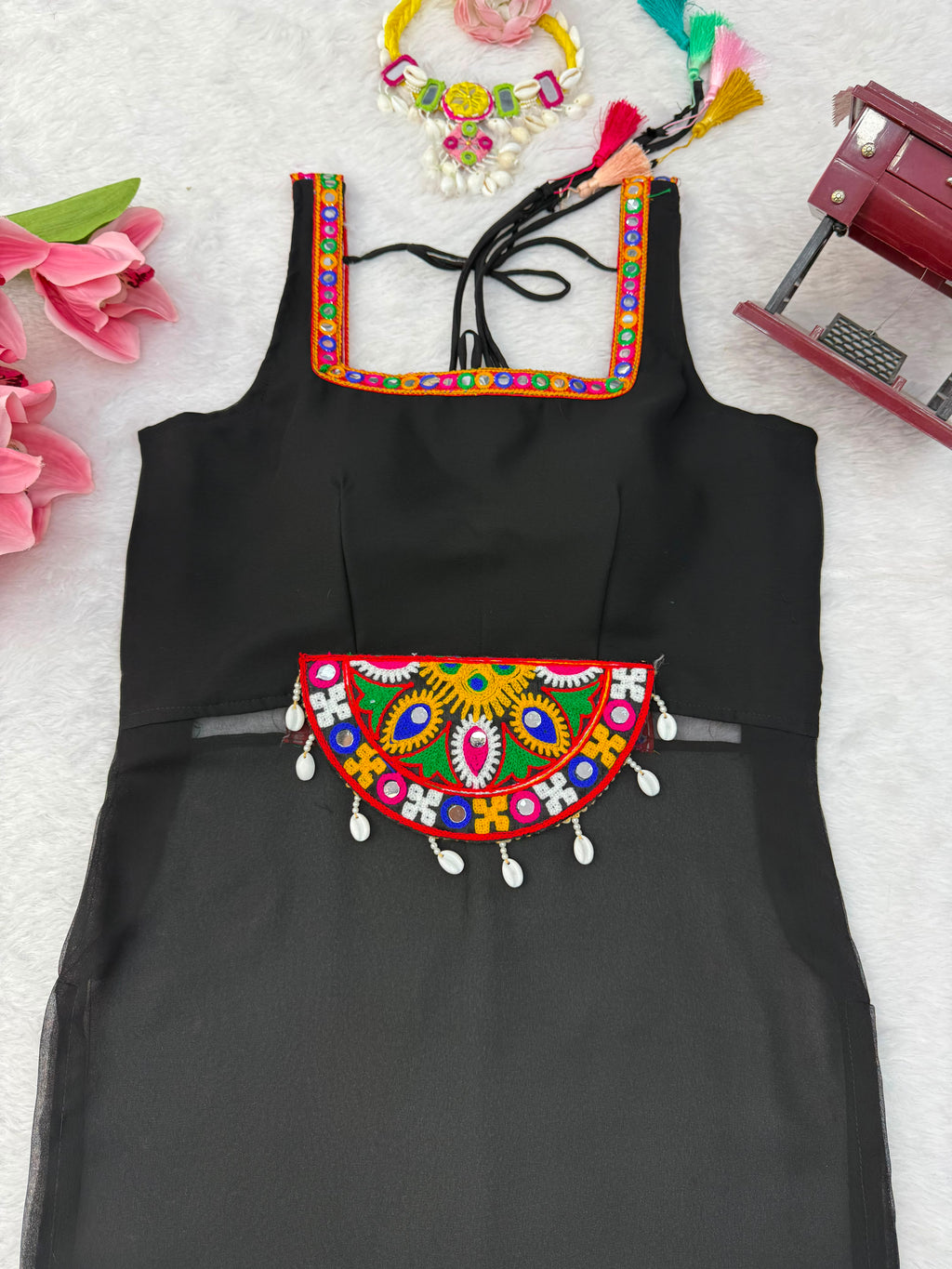 Georgette Navratri One-Piece Top with Thread Kamthi Work, Lace & Latkan