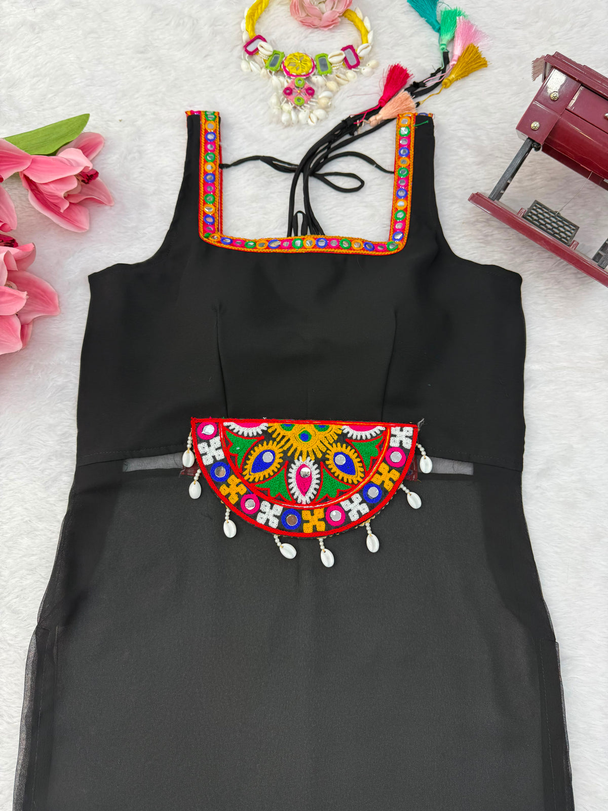 Georgette Navratri One-Piece Top with Thread Kamthi Work, Lace & Latkan