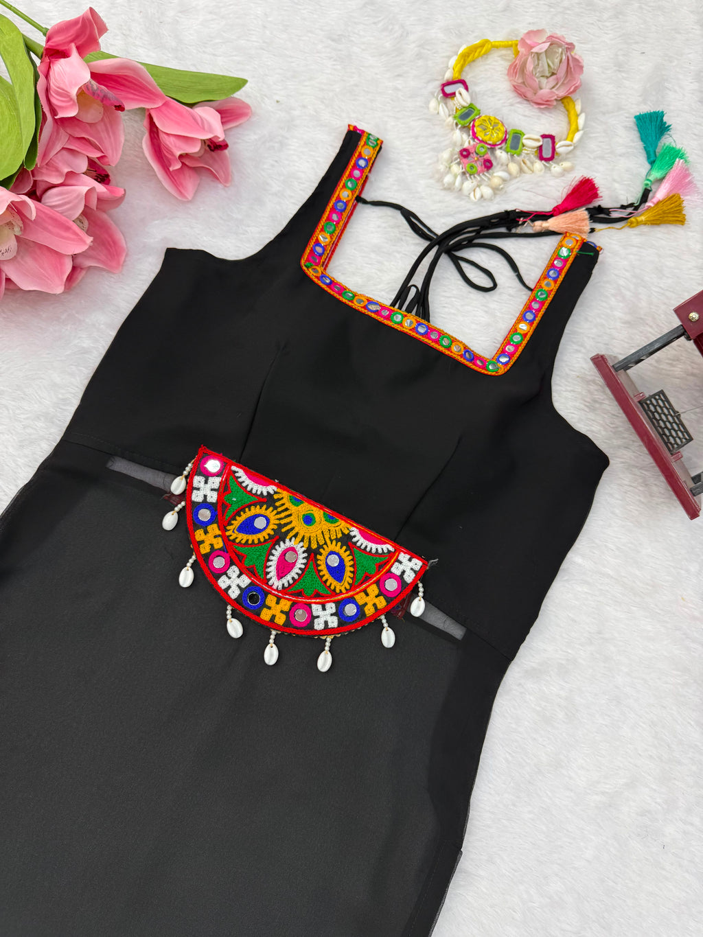 Georgette Navratri One-Piece Top with Thread Kamthi Work, Lace & Latkan