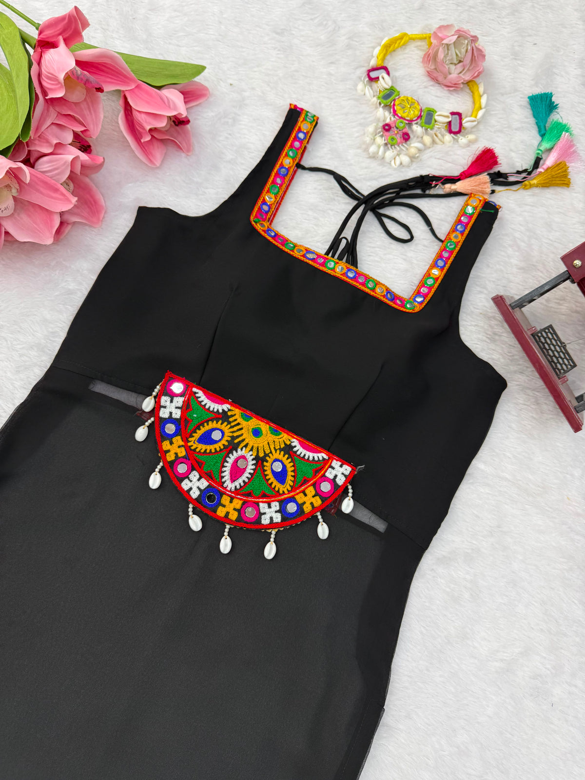 Georgette Navratri One-Piece Top with Thread Kamthi Work, Lace & Latkan