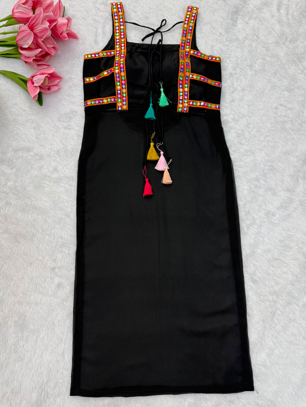 Georgette Navratri One-Piece Top with Thread Kamthi Work, Lace & Latkan