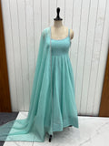 Sky Blue & Dusty Pink Crunchy Silk Siroki Work Flared Anarkali Gown Set with Lace Dupatta & Pant