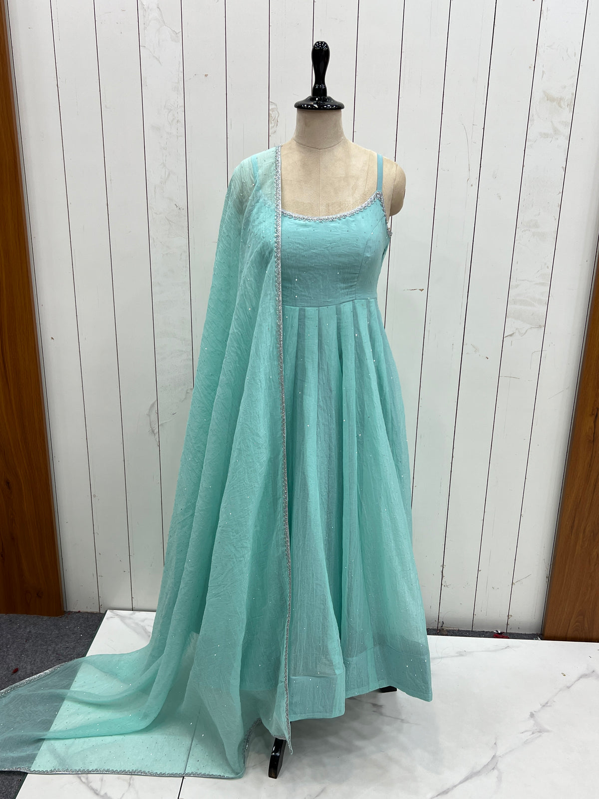Sky Blue & Dusty Pink Crunchy Silk Siroki Work Flared Anarkali Gown Set with Lace Dupatta & Pant