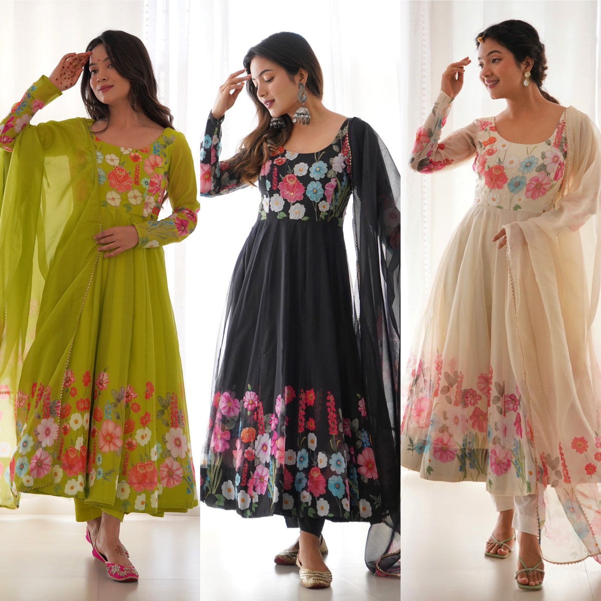 Floral Organza Silk Printed Anarkali with Badla Jari Handwork & Gota Patti Dupatta