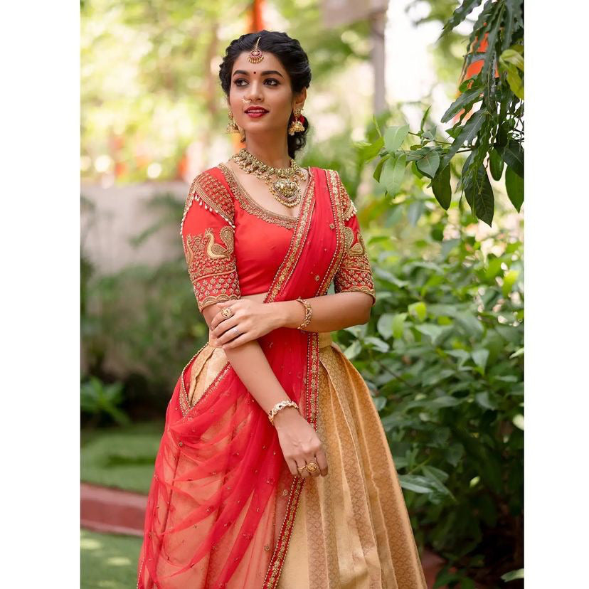 Kanjivaram Zari Lehenga with Mirror Work Butterfly Net Dupatta