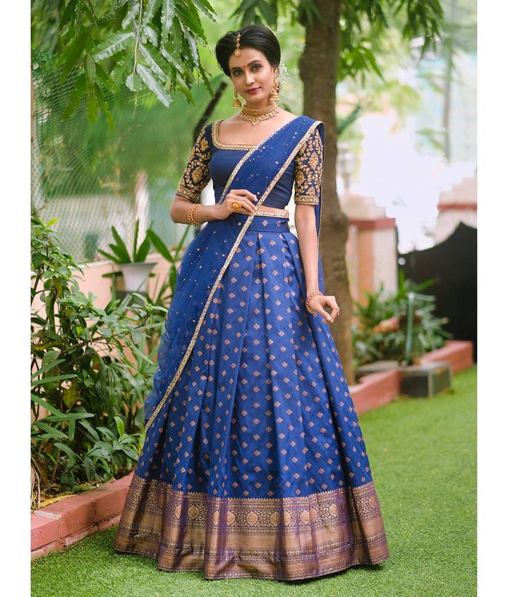Royal Kanjivaram Lehenga with Mirror Work Butterfly Net Dupatta