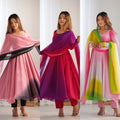 Colorful Faux Georgette Padded Anarkali Set with 6.5M Flair & Lace Dupatta