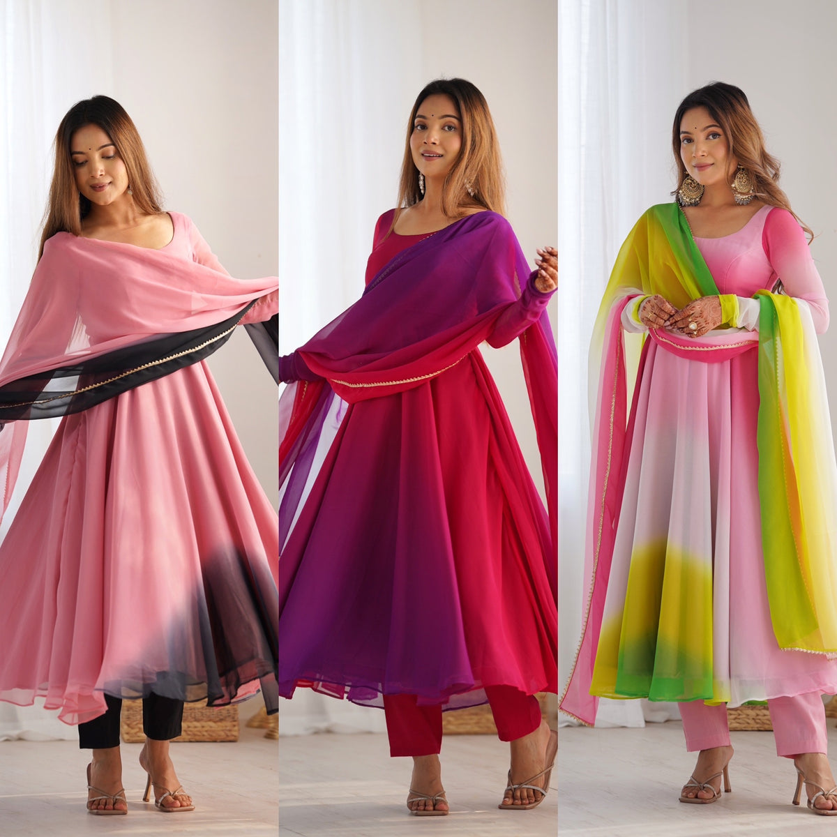 Colorful Faux Georgette Padded Anarkali Set with 6.5M Flair & Lace Dupatta