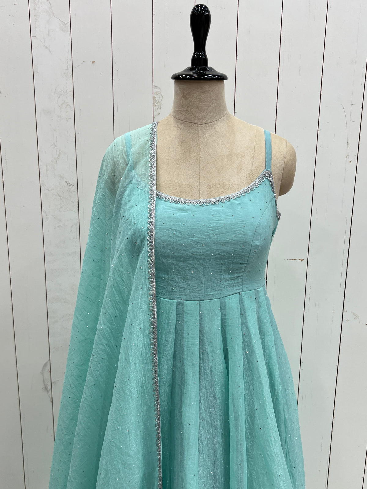 Sky Blue & Dusty Pink Crunchy Silk Siroki Work Flared Anarkali Gown Set with Lace Dupatta & Pant