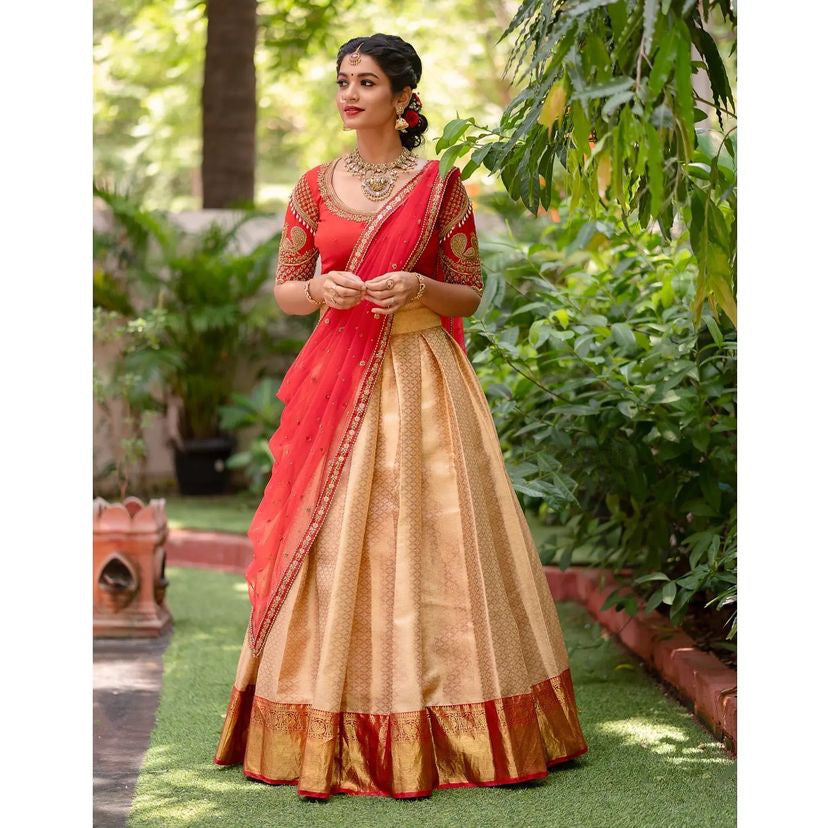 Kanjivaram Zari Lehenga with Mirror Work Butterfly Net Dupatta